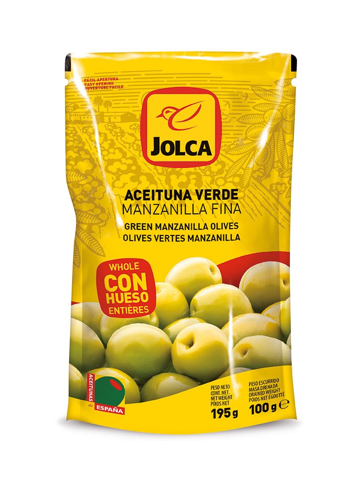 Diseño de bolsas de doypack de aceitunas verdes con hueso