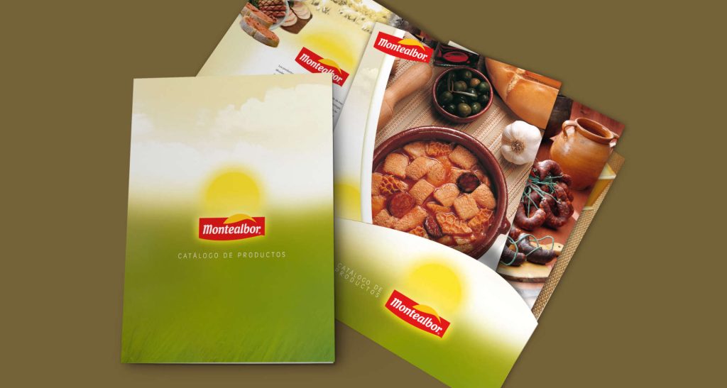 Diseño editorial del catálogo Montealbor con branding corporativo