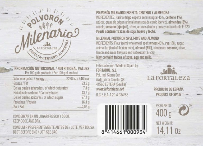 Parte trasera de envase de polvorones Milenario con información nutricional