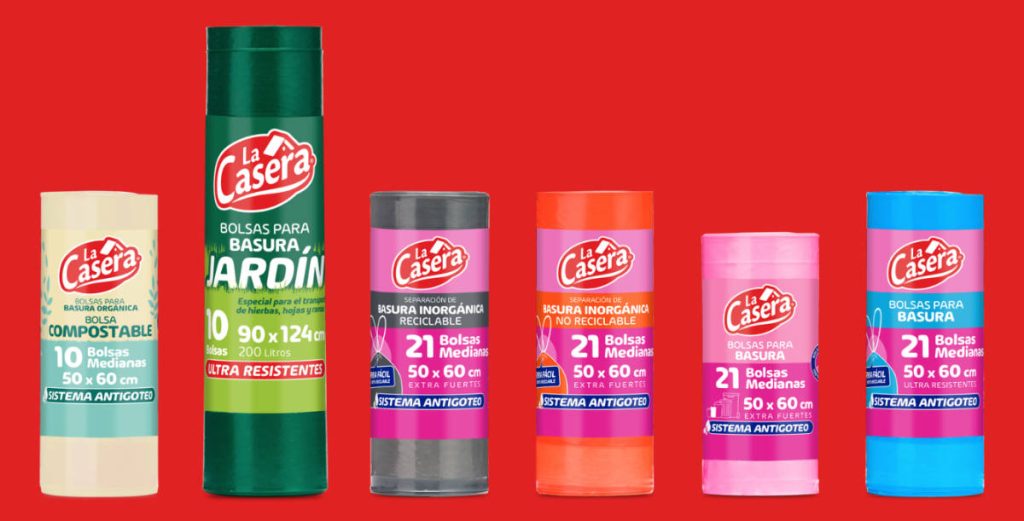 Colección de bolsa de basura La Casera fondo rojo