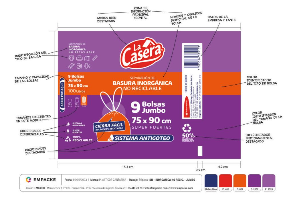 Descripción de etiqueta de bolsa de basura La Casera